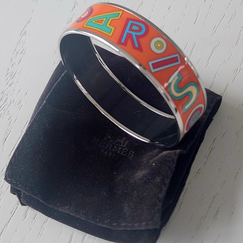 Hermes Wide Orange Paris 24 Faubouh Enamel Bangle-EUC! - Picture 2 of 10